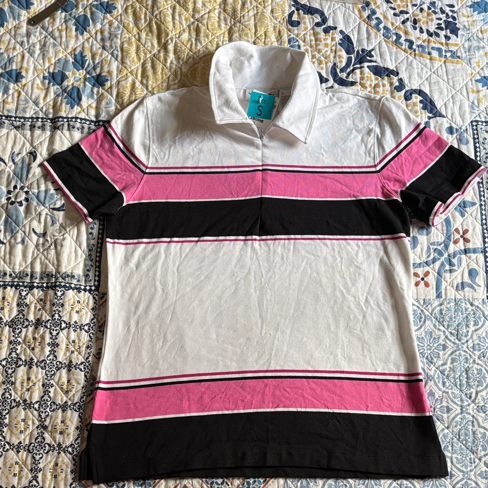 NWT Liz Claiborne Striped Pink and Black Polo Shirt Sz S